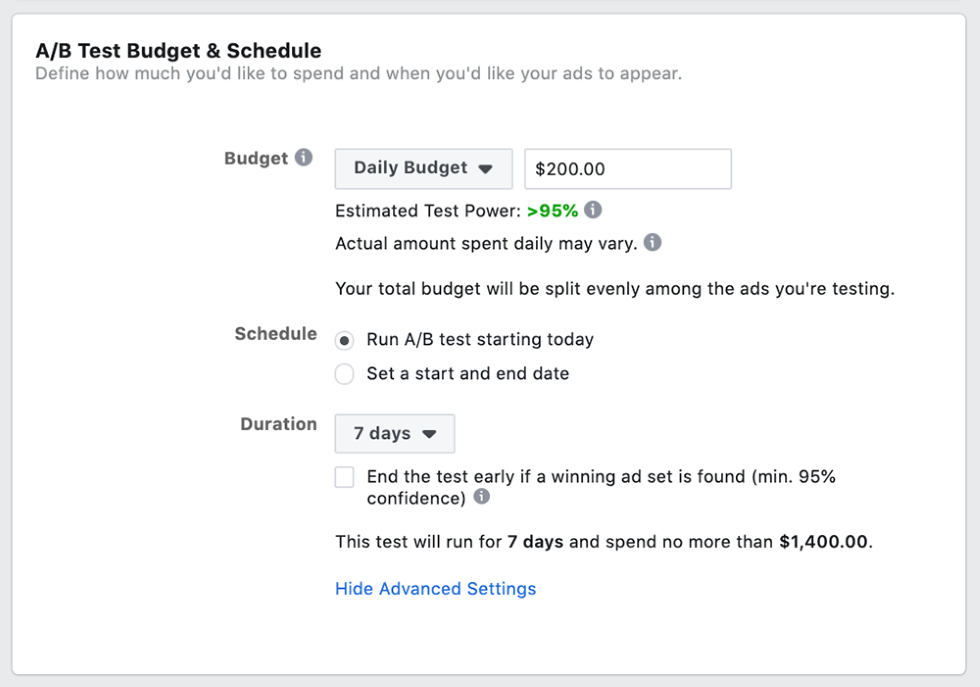 how to set up Facebook AB test budget and schedule