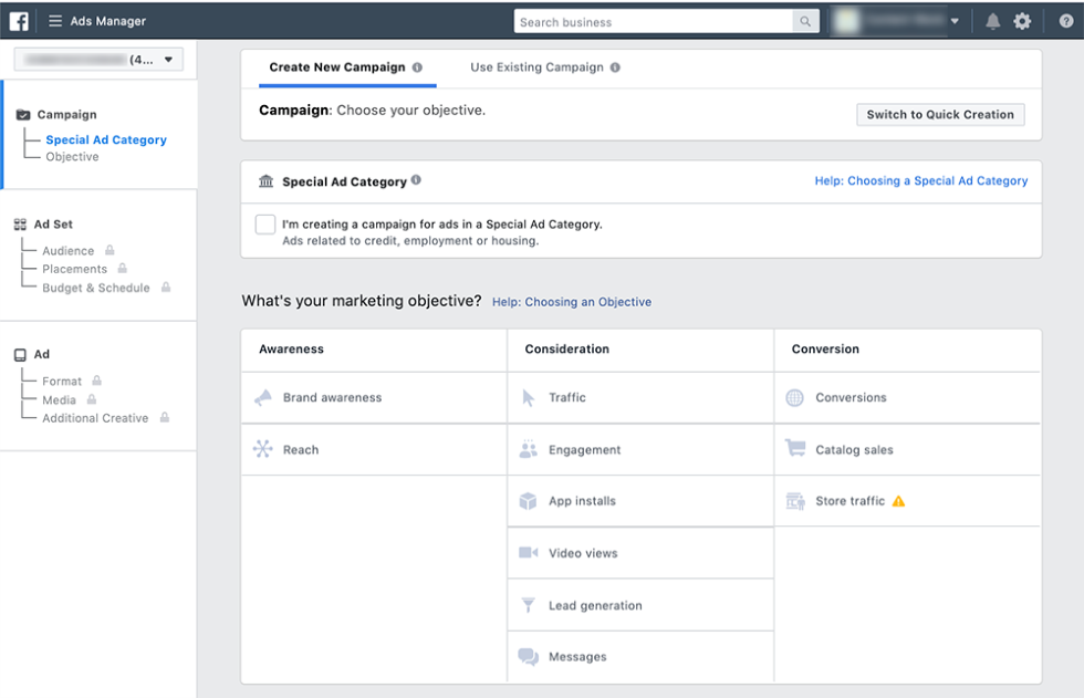 how to create a campaign objective in Facebook ads manager