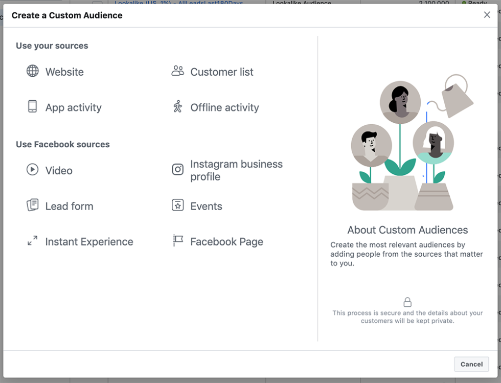 Facebook custom audience pop up screen