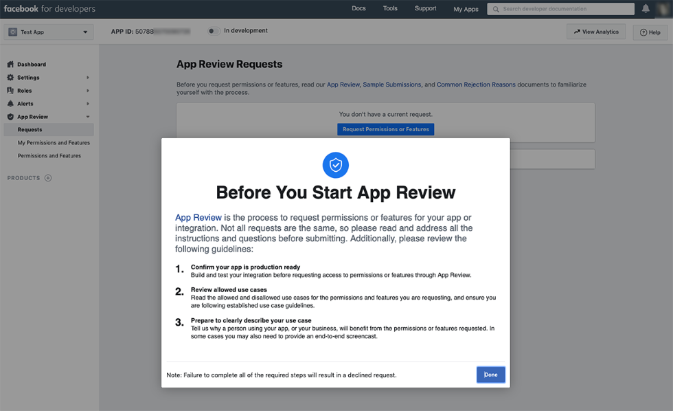 how to submit app review requests in Facebook for developers